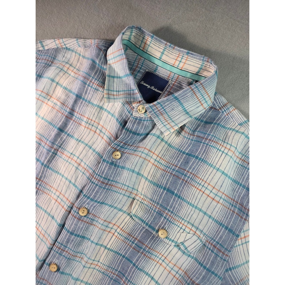 Tommy Bahama Mens Large Blue Plaid 100% Linen Short Sleeve Button Down Shirt